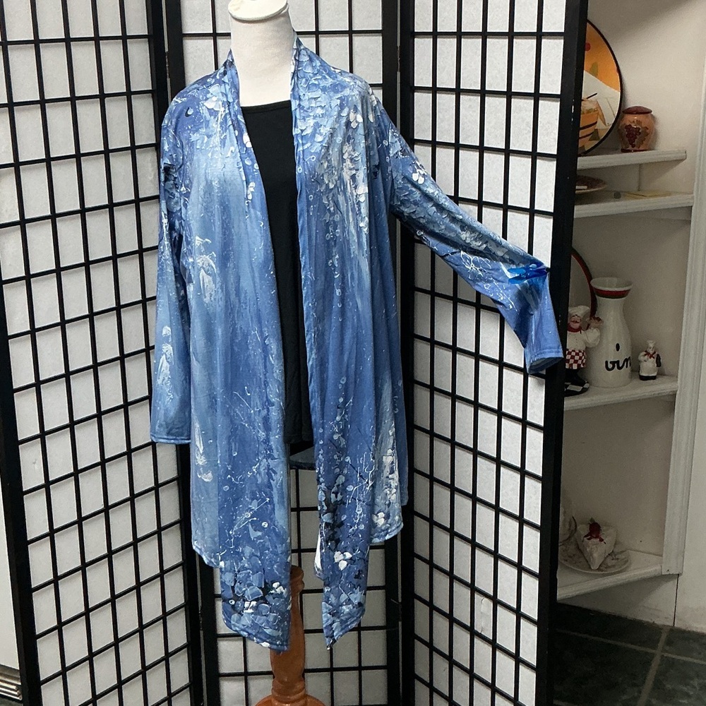 Blue Watercolor Open-Front Women's Kimono Cardigan